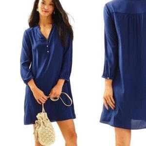 Lilly Pulitzer Women’s Mini Dress Delphine Silk Navy Blue Sz L Long Sleeve